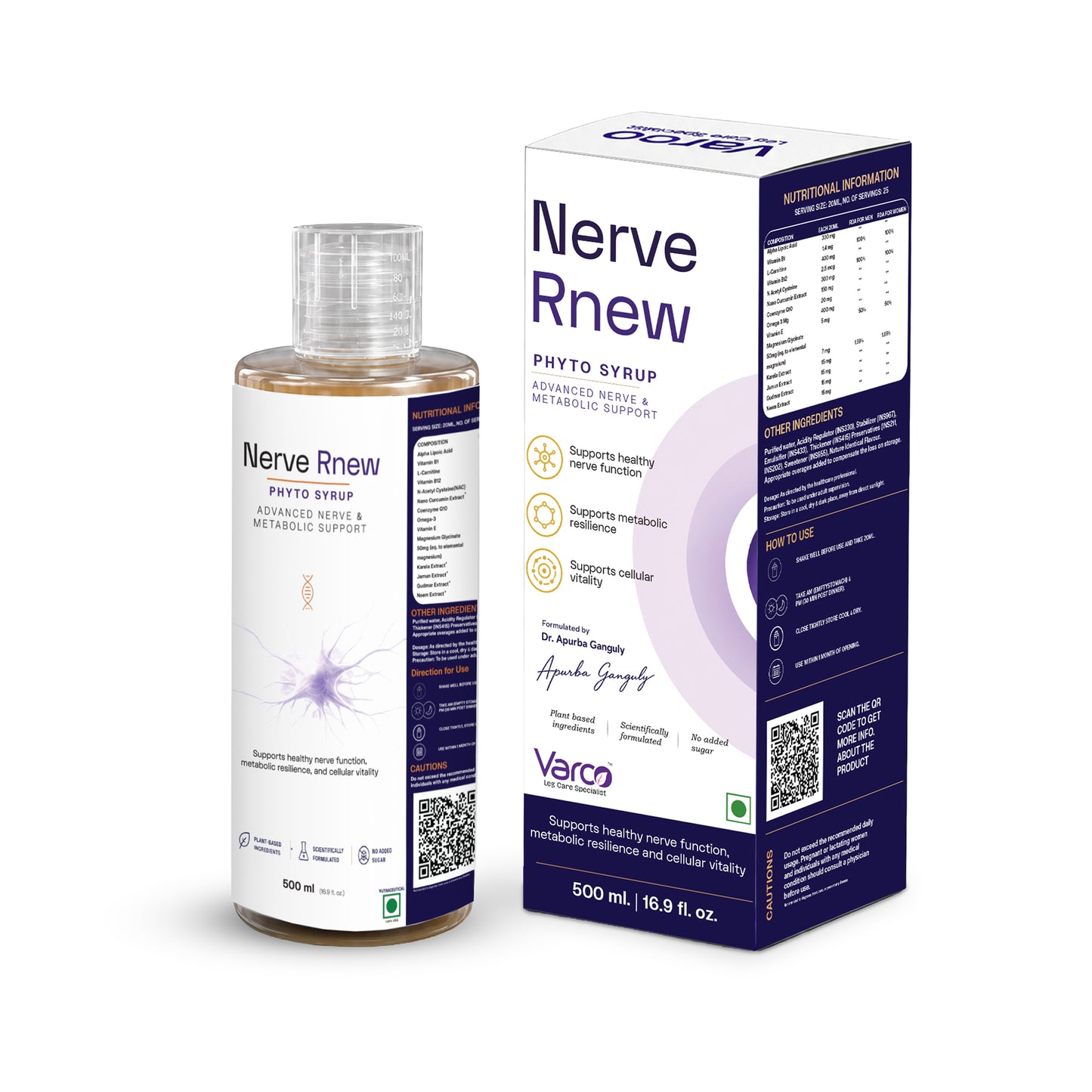Varco Nerve Rnew Phyto Syrup for Nerve & Metabolic Health || Supports Healthy Nerves & Metabolic Health, Naturally 500ML